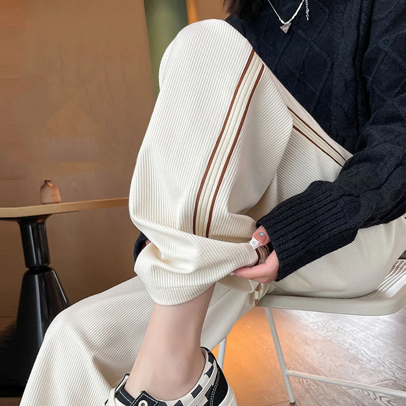 

Pregnant Women Wide-legged Pants Autumn and Winter Corduroy Straight Slacks Side Stripe Trousers