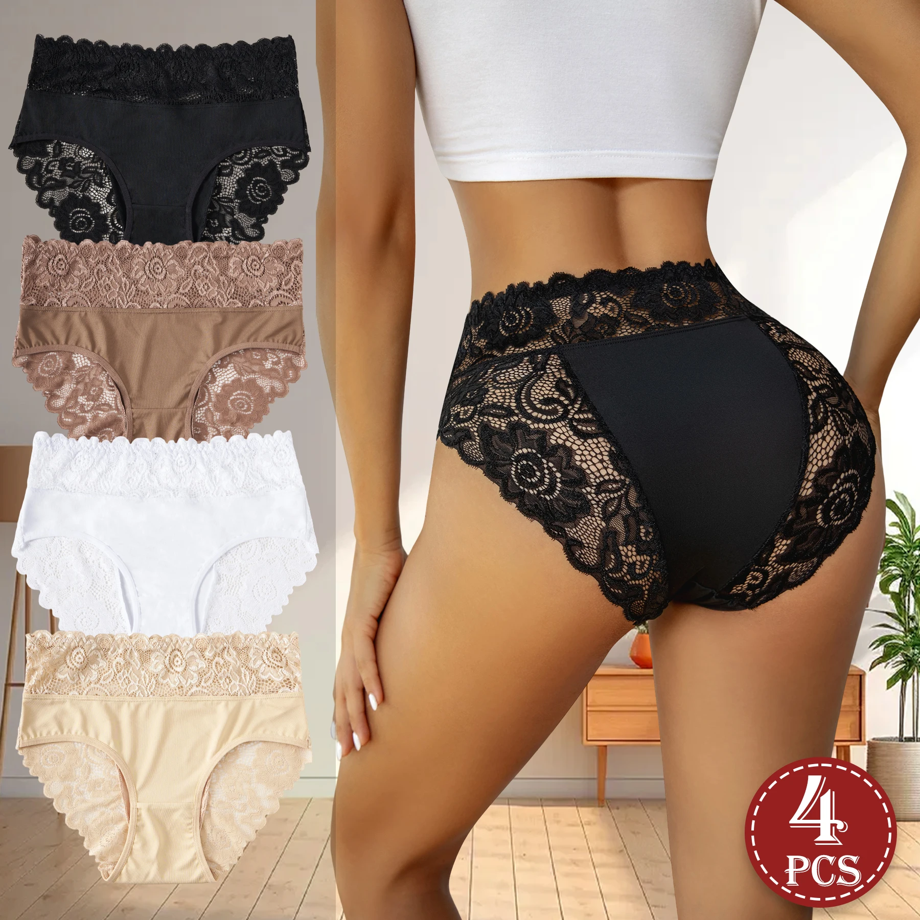 4PCS Women's Underwear Solid Color High Waist Panties Elegant Lace Floral Patch…