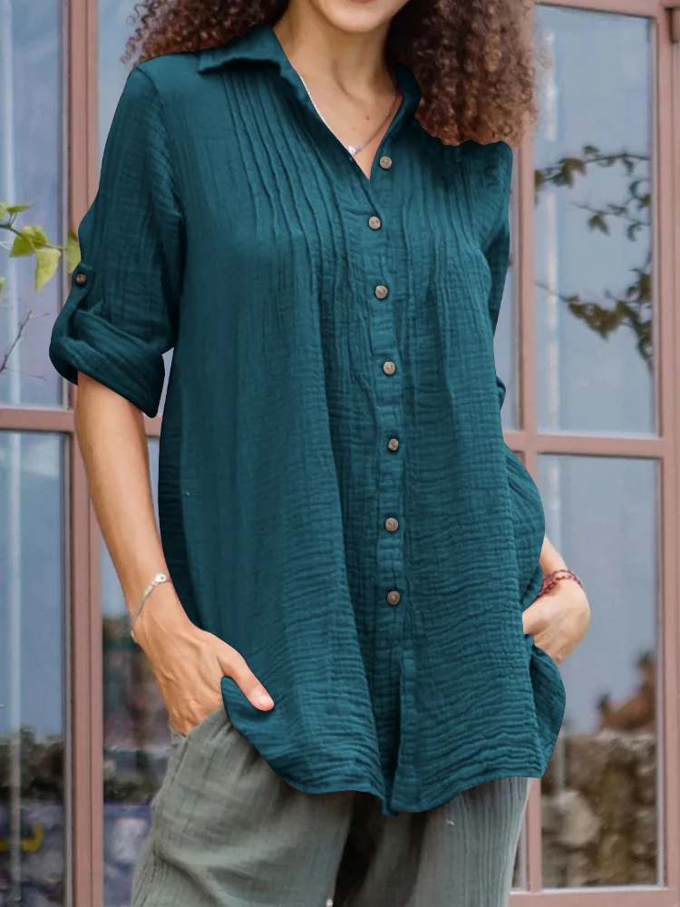 

2025 Summer Fashion New Women's Elegant and Sexy Retro Collar Single Breasted Half Sleeve Cotton Hemp Commuter Top