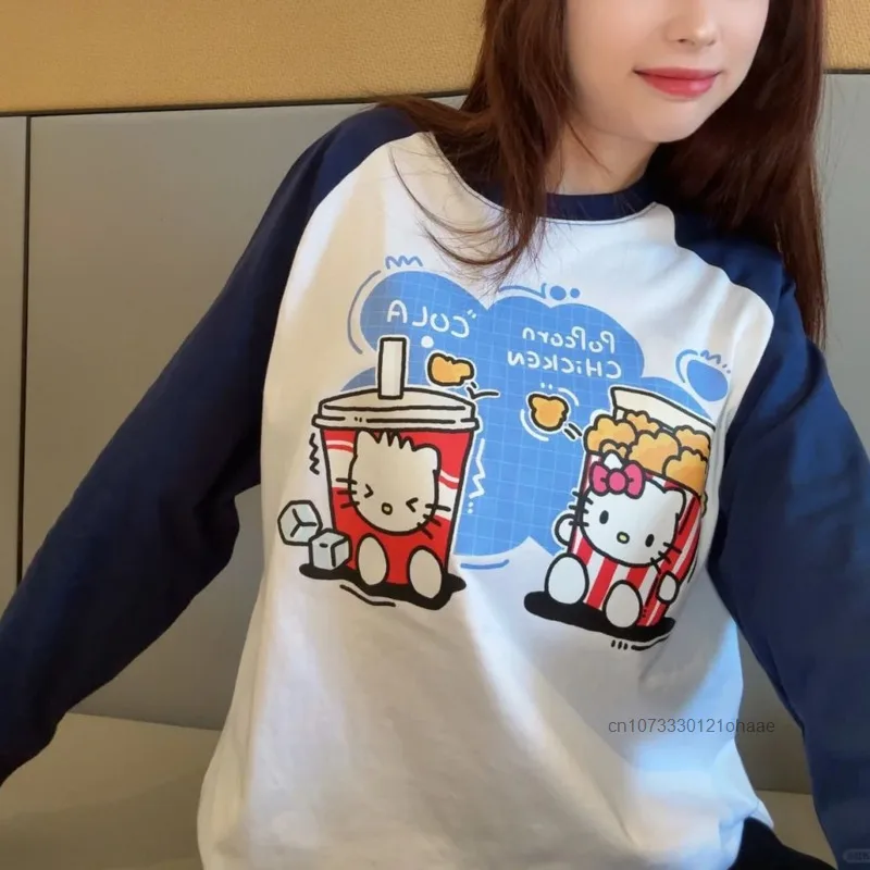 Sanrio Hello Kitty Sweet Cute Cartoon Print Tees Korean Style Simple Design Trend Long Sleeve T-shirt Loose Women Round Neck Top