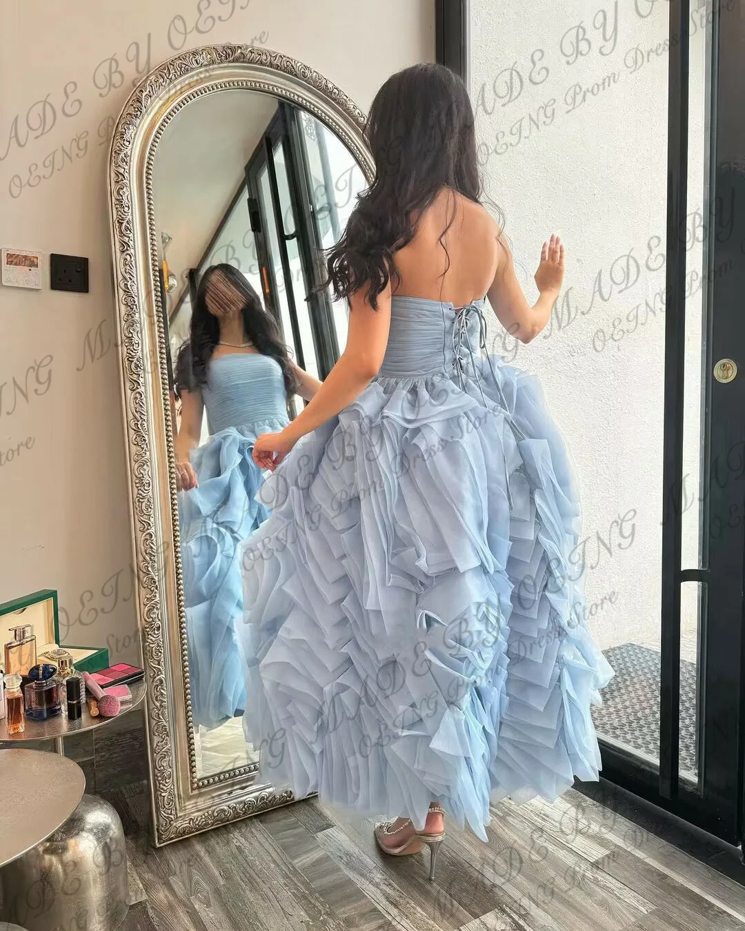 OEING Sky Blue Prom Dresses Elegant Princess Tulle Tiered Flowers Party Dress Special Occasion Ladies Gown Vestidos De Novia