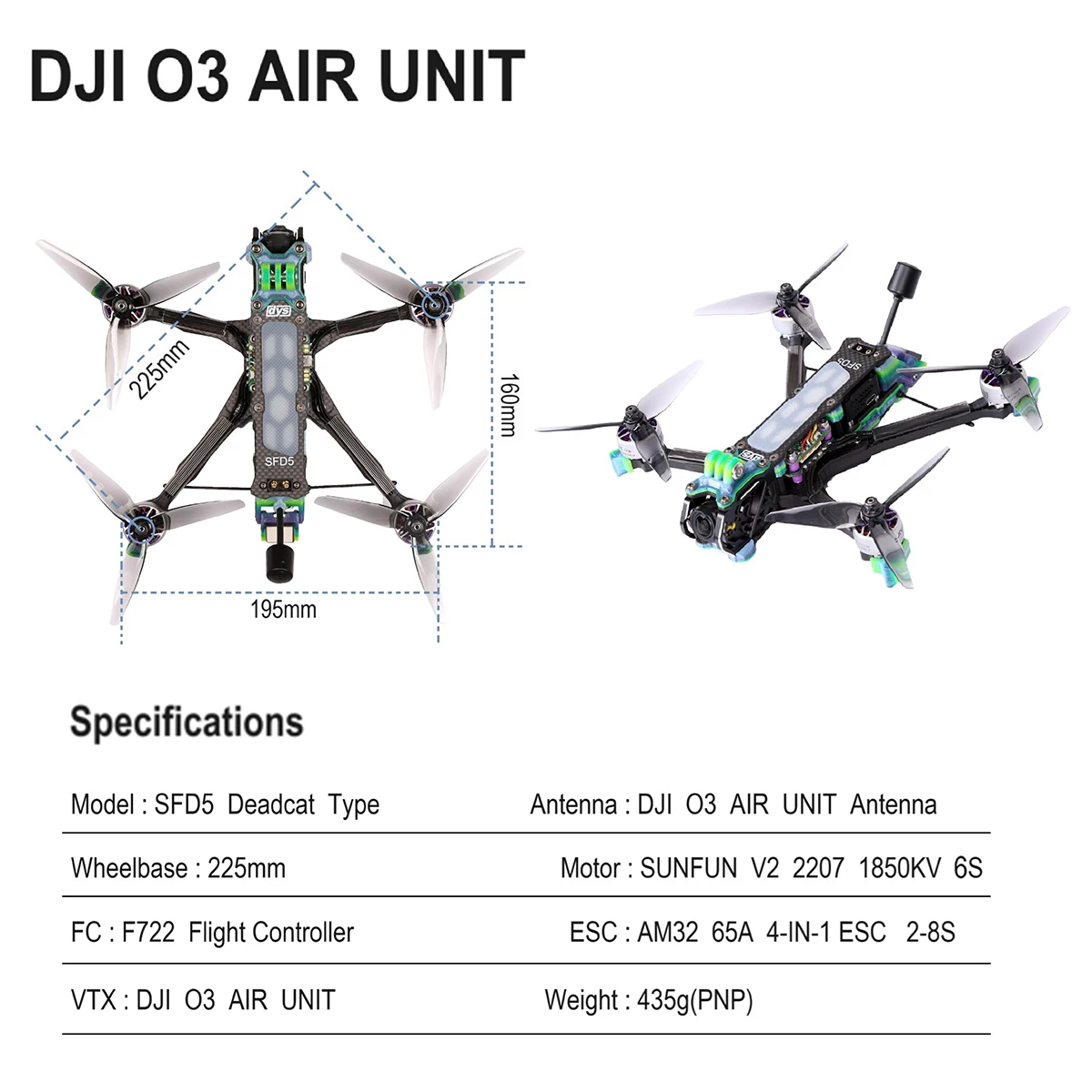 DYS SFD5 Deadcat Typ 5-calowy dron FPV Freestyle 6S HD O3 Dron wyścigowy FPV z włókna węglowego