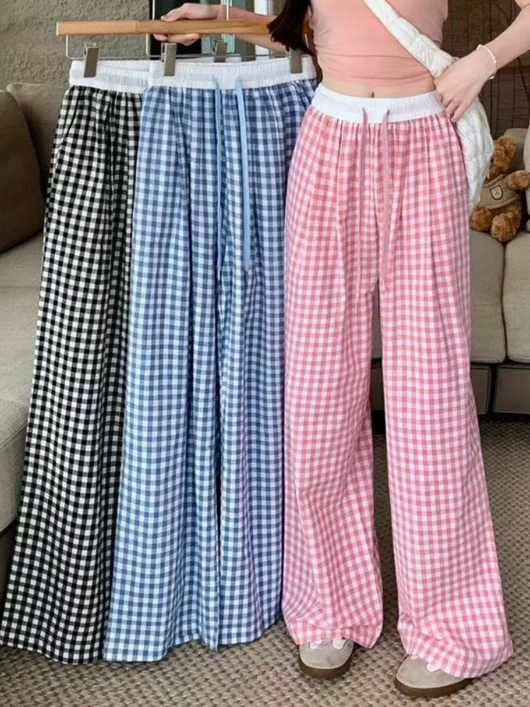 

Dopamine Textured Plaid Pants for Women in Summer Thin and Hanging Plaid Wide Leg Pants Casual and Lazy Pants Clothes Elegant