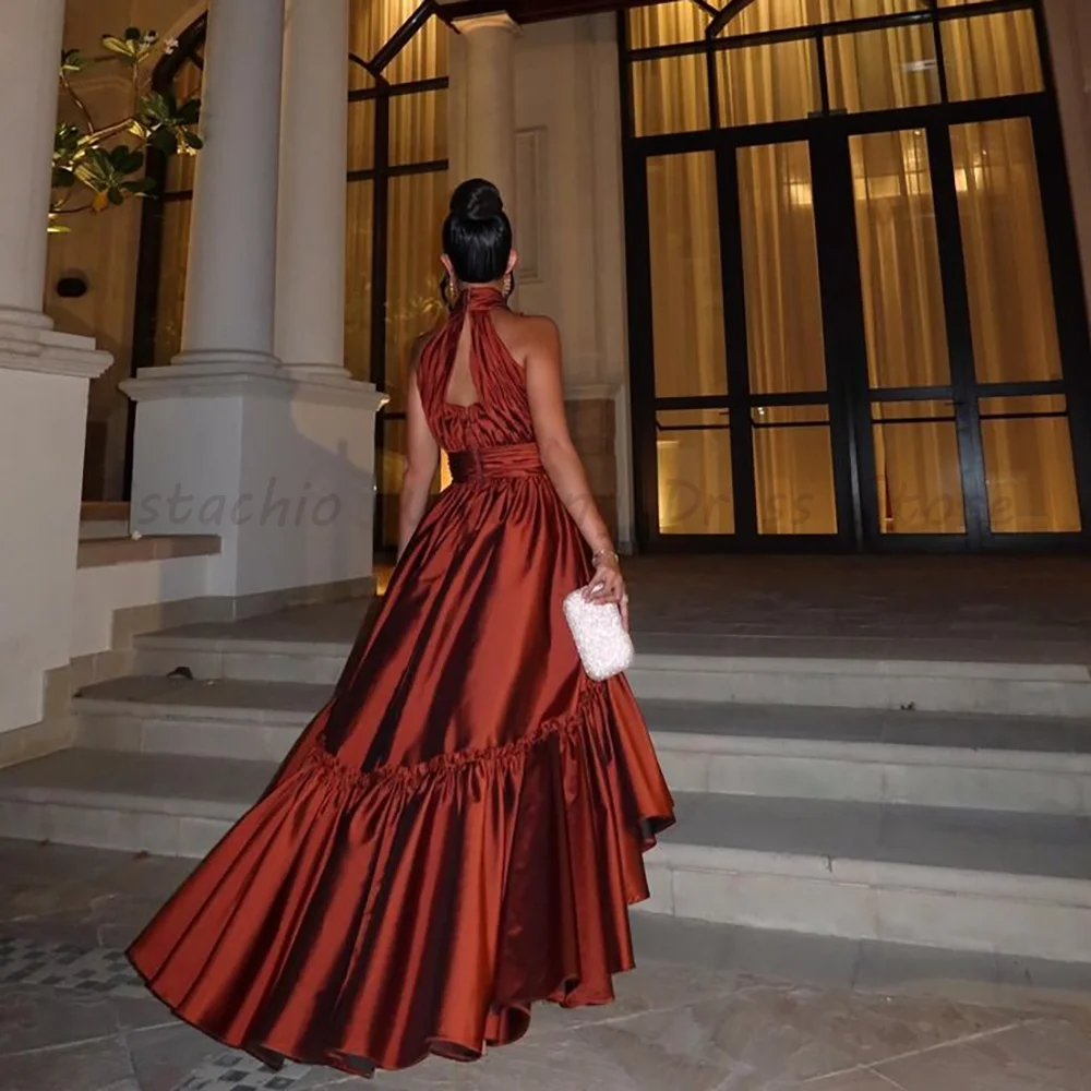 Rust Satin Halter Evening Dress Ruched Waist Ruffle High Low Hem A Line Formal Wedding Guest Gown