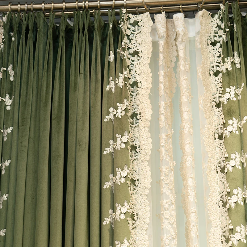 French Lace Green Velvet Luxury Curtains for Living Room Bedroom Dining Retro Blackout Tulle Window Blackout Embroidered Window