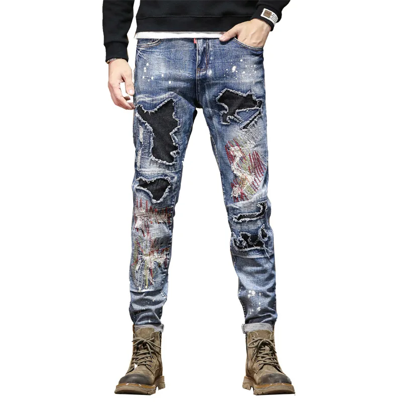 Color Contrast Patchwork Embroidered Men's Trousers Spring and Autumn Ankle-Tied Straight Street Motorcycle Denim Trousers