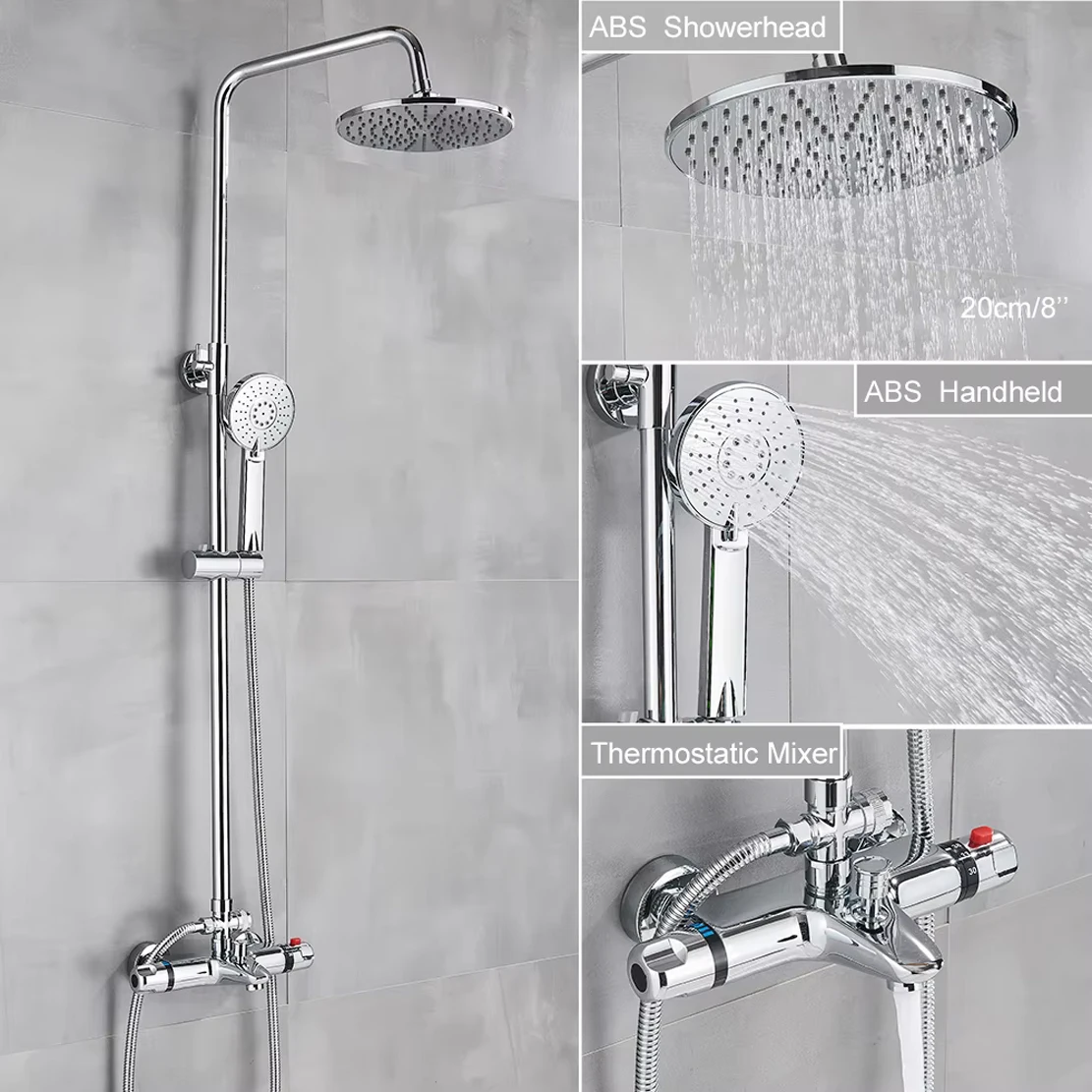

Matte Black Thermostatic Shower Faucet Set Dual Handle 8" Ultrathin Rainfall Shower Hot Cold Water Mixers Bathtub Shower System