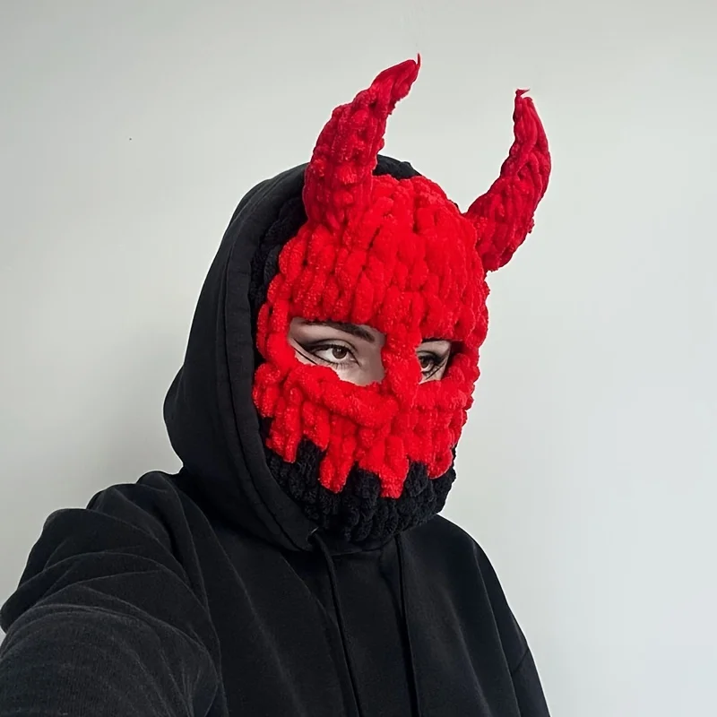 Модная крутая бархатная маска - вязаная плюшевая шапка ручной работы на осень и зиму - красивая маска с рогом, головной убор для вечеринки, Хэллоуина