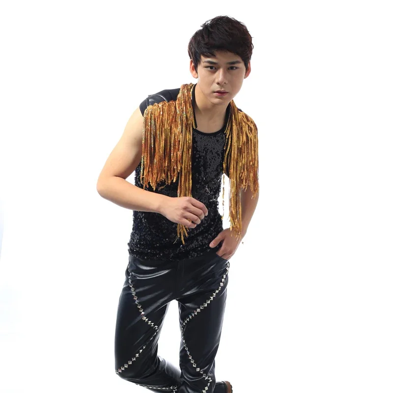 Men'S Flash Drill Super Long Fringe Tassel Vest Jacket Men Rave Clothes Jazz Sequin Tops Beyonce Bar Singer DS Costume