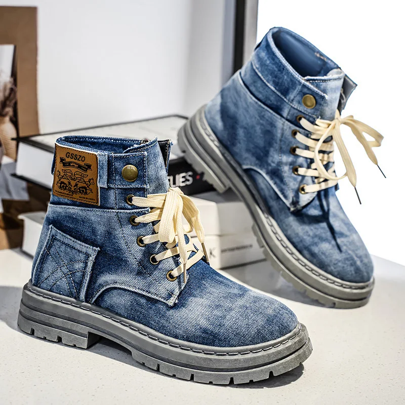 

Retro Denim Canvas Boots for Men Trendy High Top Boots Outdoor Street Men's Ankle Boots Platform Working Shoes Botas Masculino