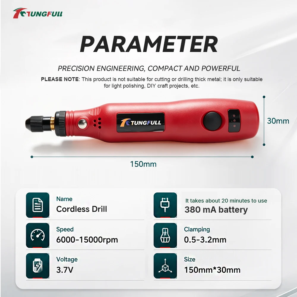 TUNGFULL 3-Speed DIY Handheld Drill Cordless Rotary Tool Mini Electric Engraving Pen for Jewelry Wood Carving Polishing