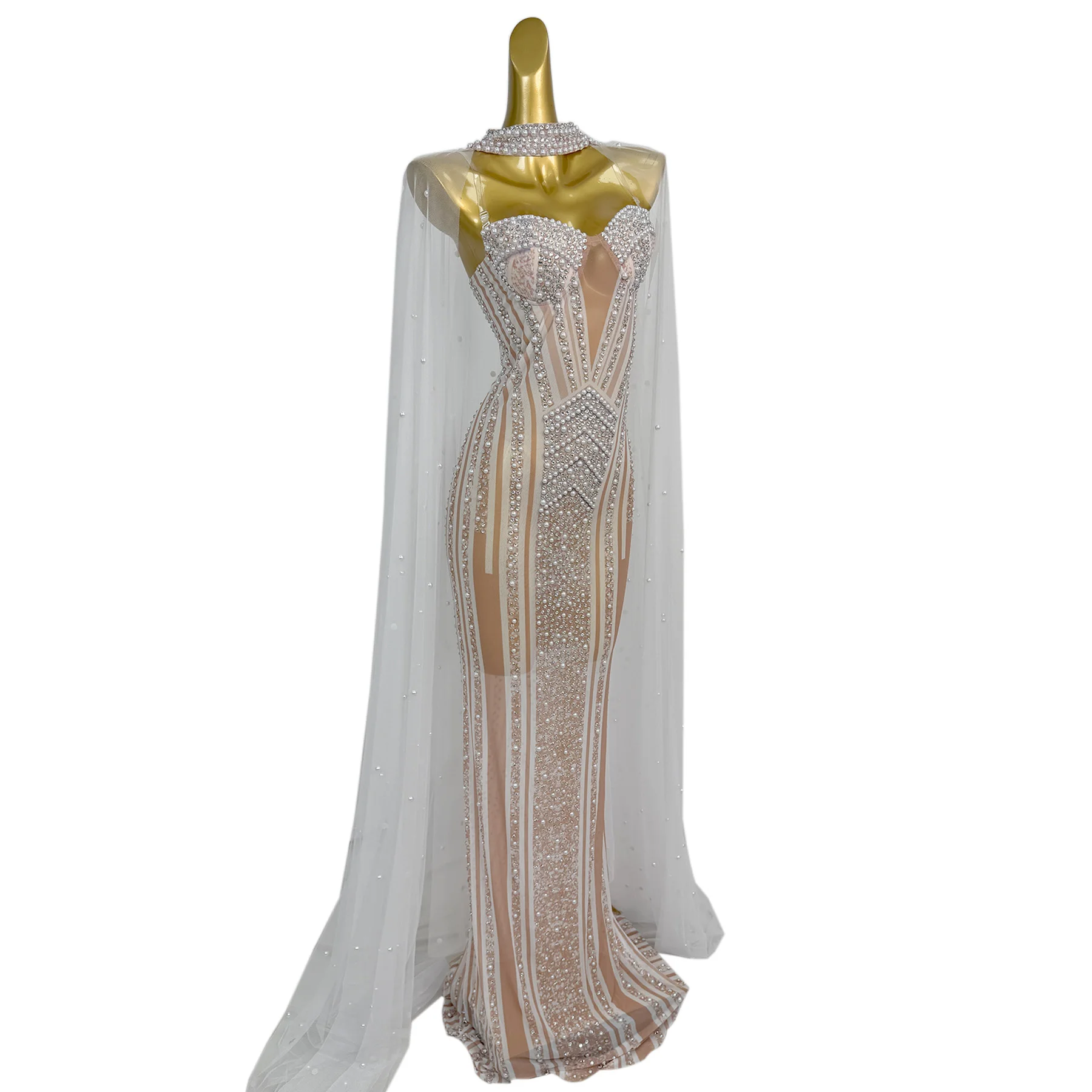 Pixing النساء فستاين سهرة/فساتين الحفلات تألق اللؤلؤ المياه الماس معلقة الرقبة الأبيض شبكة عباءة فستان فاخر مأدبة فستان حفلة عيد ميلاد #2