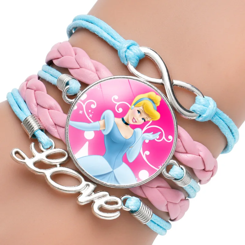 Disney Princess Pink Multi-layer Leather Bracelet Anime Figures Snow White Ariel Anna Elsa Princess Girls Fashion Bracelets