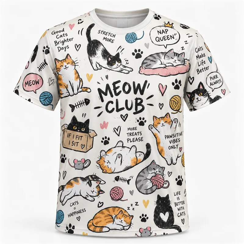 Colorful Doodle Graphic T Shirt Men Women Travel Cat Ocean Space Music Food 3D Print Short Sleeve Casual Summer Streetwear Tee