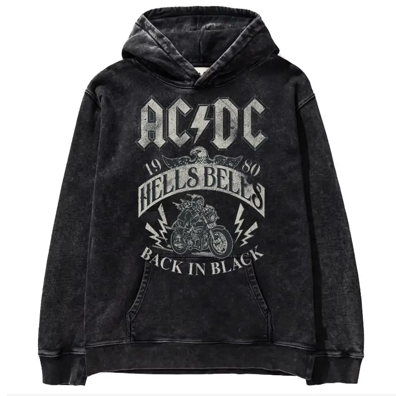 Y2K Hip hop ACDC band 1981 Rock Band Tokyo concert commemorative edition men\'s metal punk made old printed washed hoodie hoodie