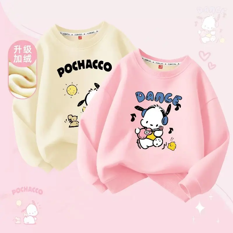 Sanrio Children Hoodie Girls Kawaii Anime Pochacco Cotton Tops Winter Sweet Cute Cartoon Print Plus Velvet Clothes Gift for Kids