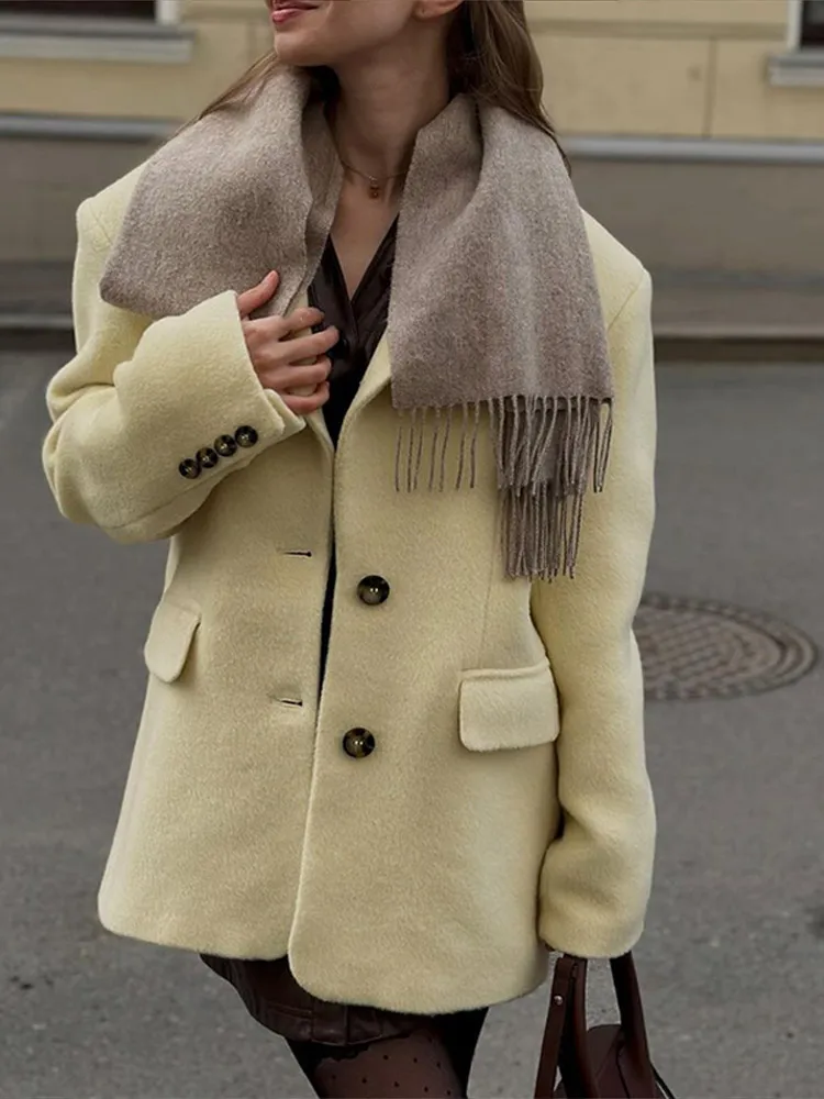 Women Elegant Light Yellow Two Buttons Woolen Coat Fashion Lapel Long Sleeves Pocket Thick Jacket Autumn Chic Lady Outerwear