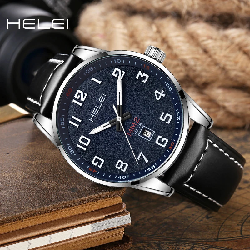 HELEI Fashion new sports casual quartz watch date genuine leather luminous strap men\'s wristwatch