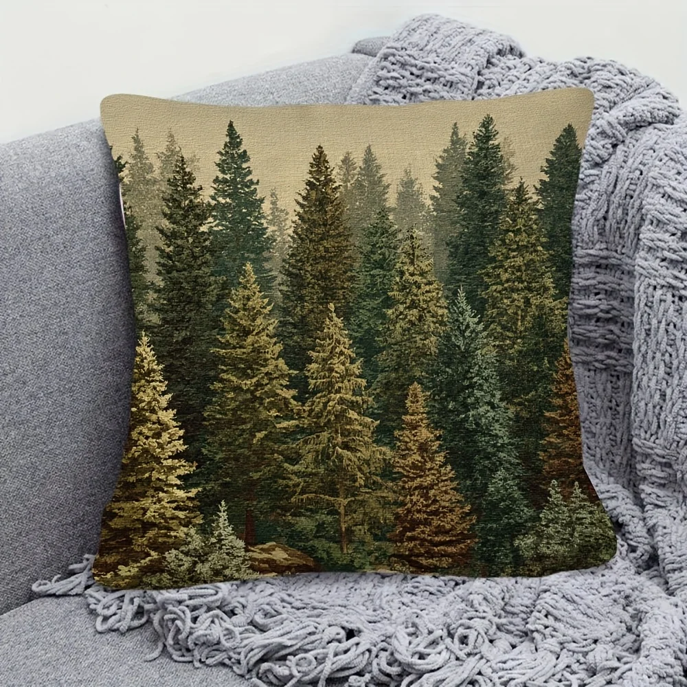 1pc Pillowcase, Vintage Christmas Pine Forest Design Pillowcase, Soft And Comfortable Polyester Short Fleece Fabric, Single-Sided Printing, (Excluding Pillow Core) Multi-Size Selection: 18*18 Inches 16*16 Inches, Machine Wash, Zipper Closure