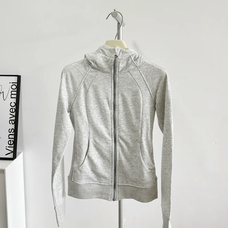 Schmaler Mantel für Damen, 2025, Frühling und Herbst, graues Kapuzen-Sweatshirt, Frühherbst, neues Yoga-Wear-Sport-Top