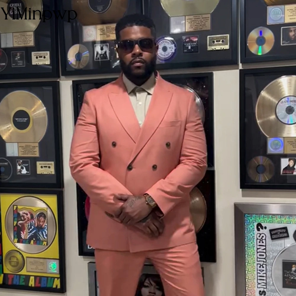 

YiMinpwp Pink Men's Suit Double Breasted Formal Wedding Office Satin Professional Attire Peaked Lapel Party Groom Suit XS-5XL