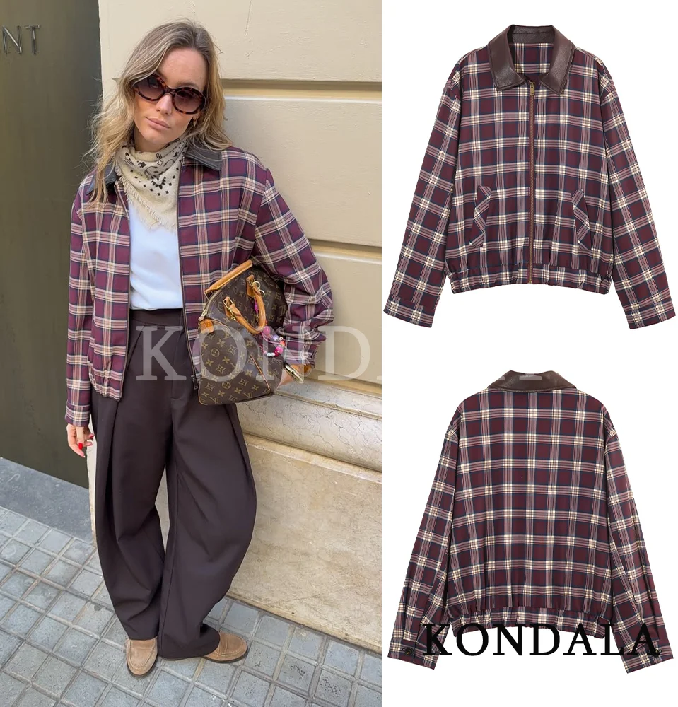 KONDALA Trendy Casual Plaid Zip-up Jacket Women Elegant Vintage PU-Collar Jacket 2026 Spring Summer Fashion High Street Jacket