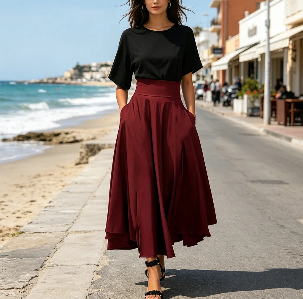Fashion retro casual ladies big swing half skirt, high waist bow elegant lightweight design high waist all matching office skirt