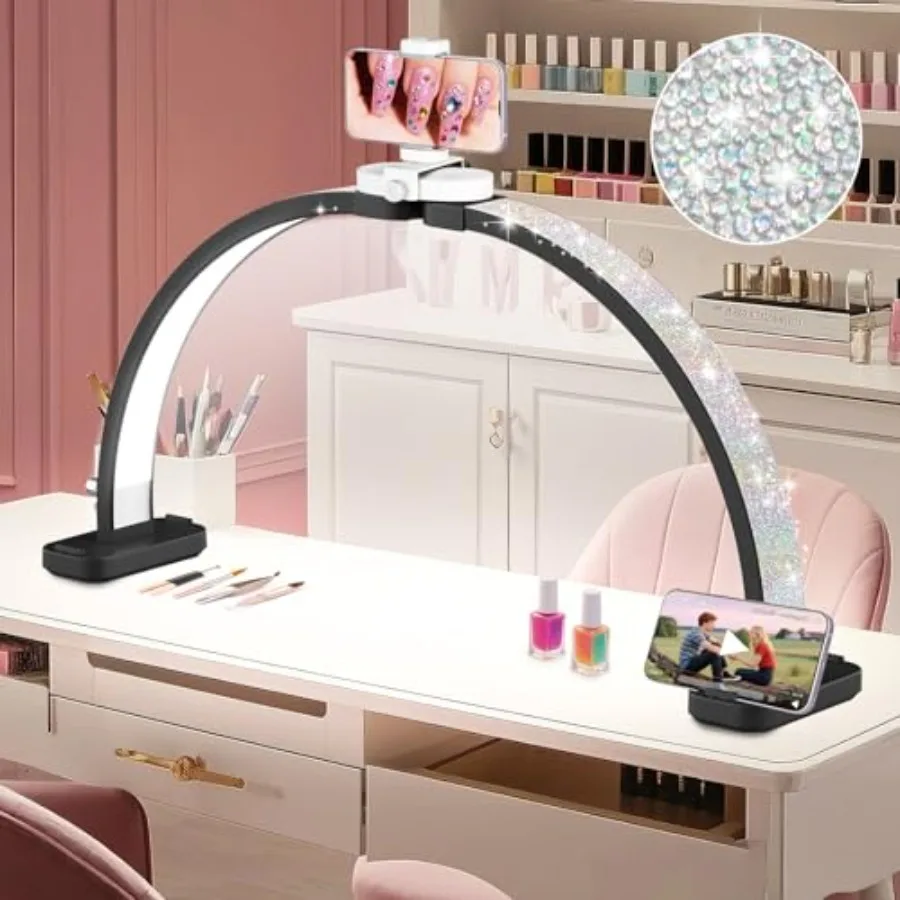 31in Large Half Moon Light for Nail Desk, Foldable, Phone Stand, LED Adjustable Brightness and Color, 48W, Arch Nail Tech Table