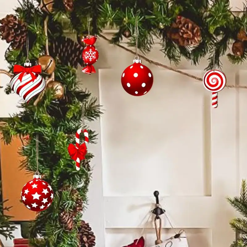 Adornos de piruleta para árbol de Navidad, Bola de árbol de Navidad acrílica plana, diseño de agujero de fijación, colgantes de bastón de caramelo, 12X