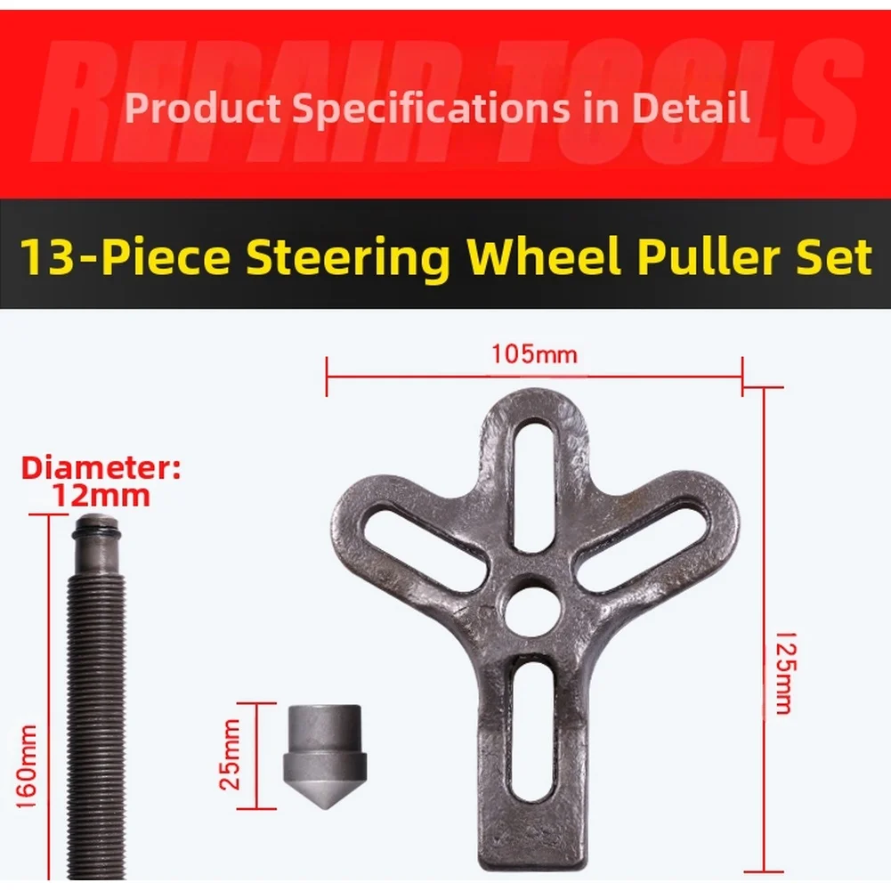 13 Piece Steering Wheel Puller Set Chrome Vanadium Steel For Car Truck Auto Repair Crankshaft Pulley Remover Hand Tool Kit