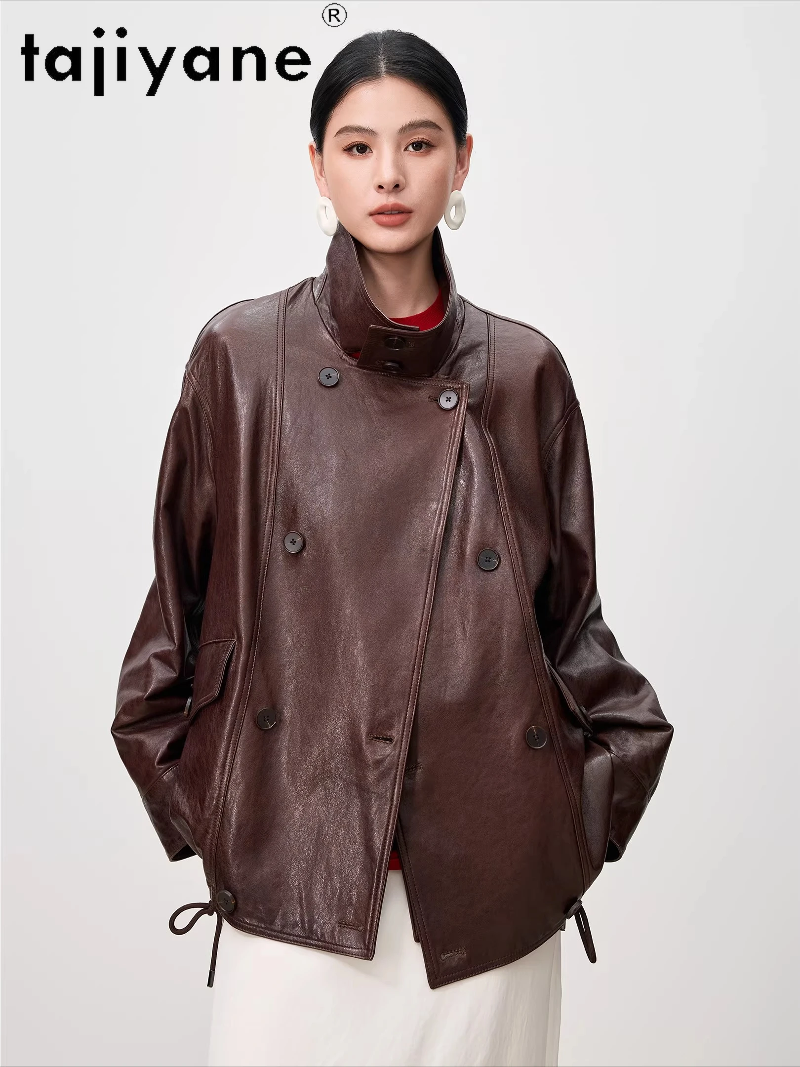 เสื้อแจ็คเก็ตหนังแกะแท้ TAJIYANE สำหรับผู้หญิง ทรงสั้นโอเวอร์ไซส์ แจ็คเก็ตหนังแท้ ฤดูใบไม้ร่วง 2025 เสื้อผ้าผู้หญิง