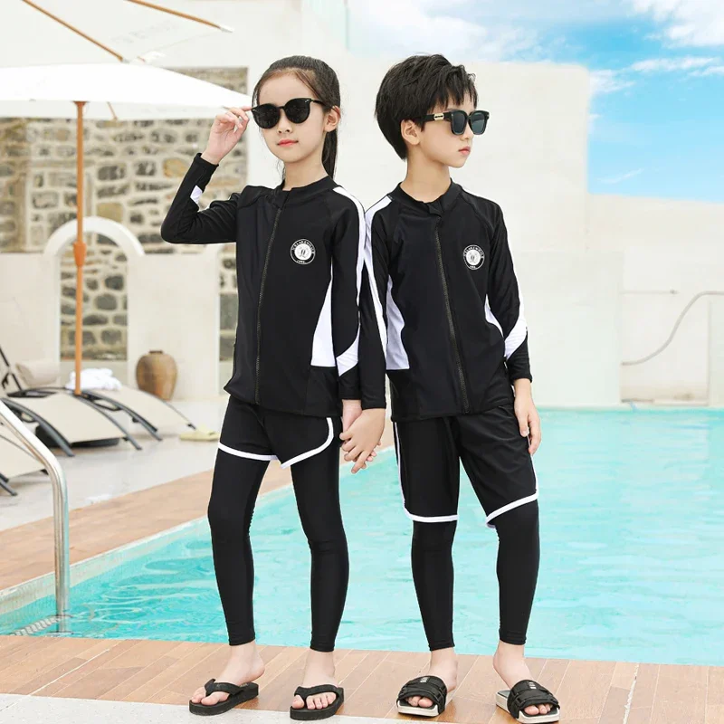 Girls Boys Long Sleeve Swimsuit Three Piece Rash Guard Bathing Suit Zip Tops Long Pants Swimwear Kids Bathing Suit Athletic