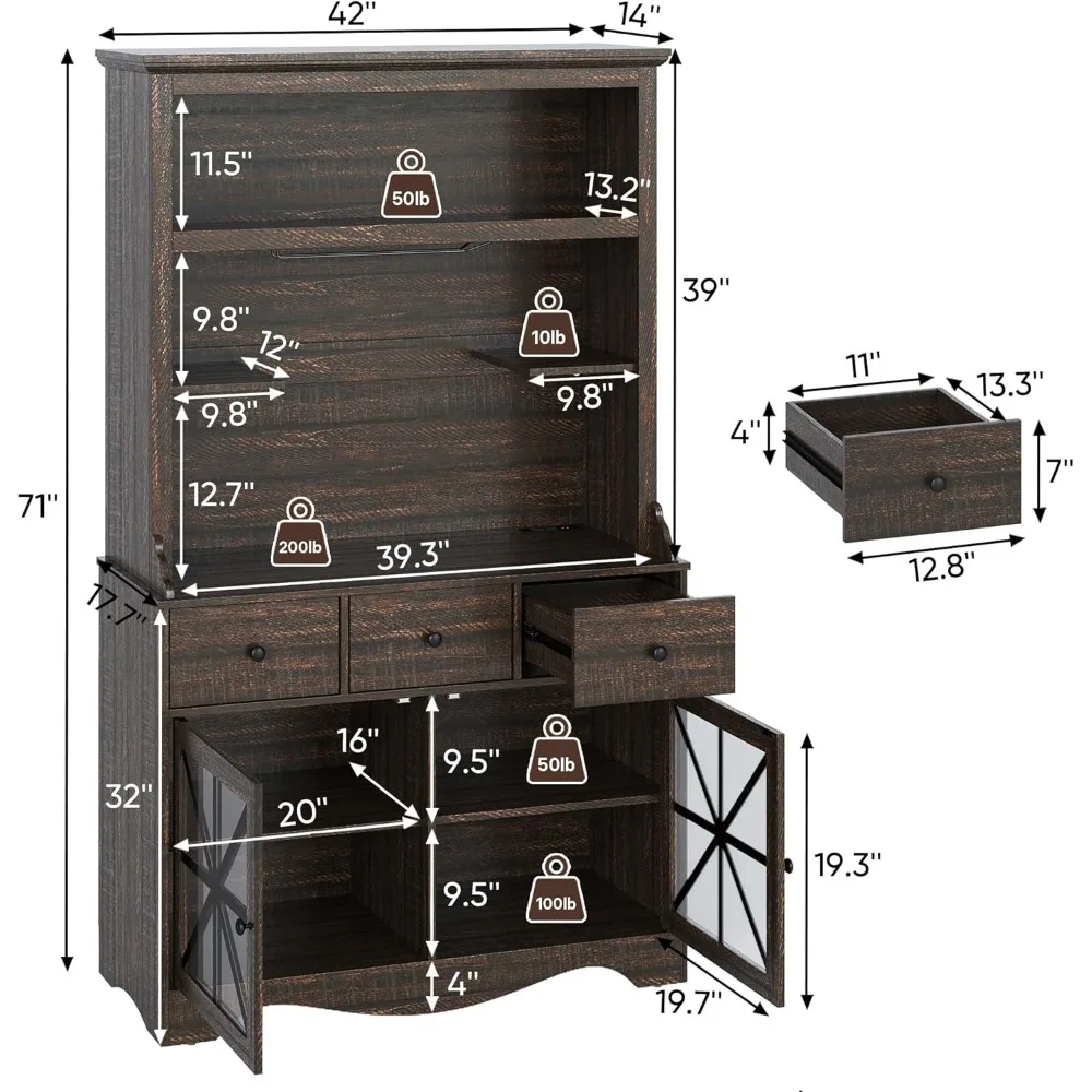 71'' Tall Farmhouse Bar Cabinet, Retro Buffet Cabinet with Charge Station & LED Lights, Liquor Cabinet Bar with Wine