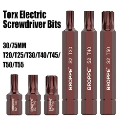 30/75MM T20/25/30/40/45/50/55 Torx Electric Screwdriver Bits  Strong Magnetism Hex Shank Batch Head S2 High Hardness Bits Tools