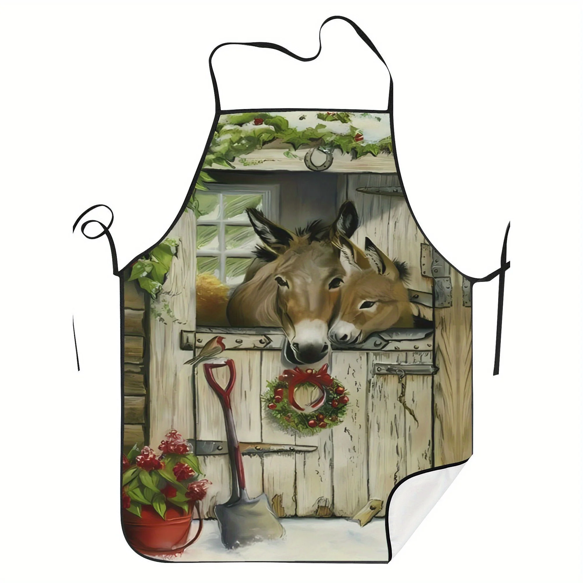 Rustic Donkey Print Kitchen Apron- Durable Polyester, Hand-Washable, Vintage Style with Barn& Greenery Design, Ideal for Cooking