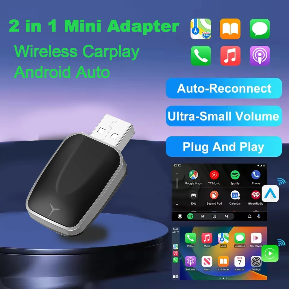 Adattatore 2 in 1 da cablato a wireless per Carplay e Android Auto, gadget per auto, Smart Box Plug and Play, connessione Wi-Fi 5Ghz veloce.