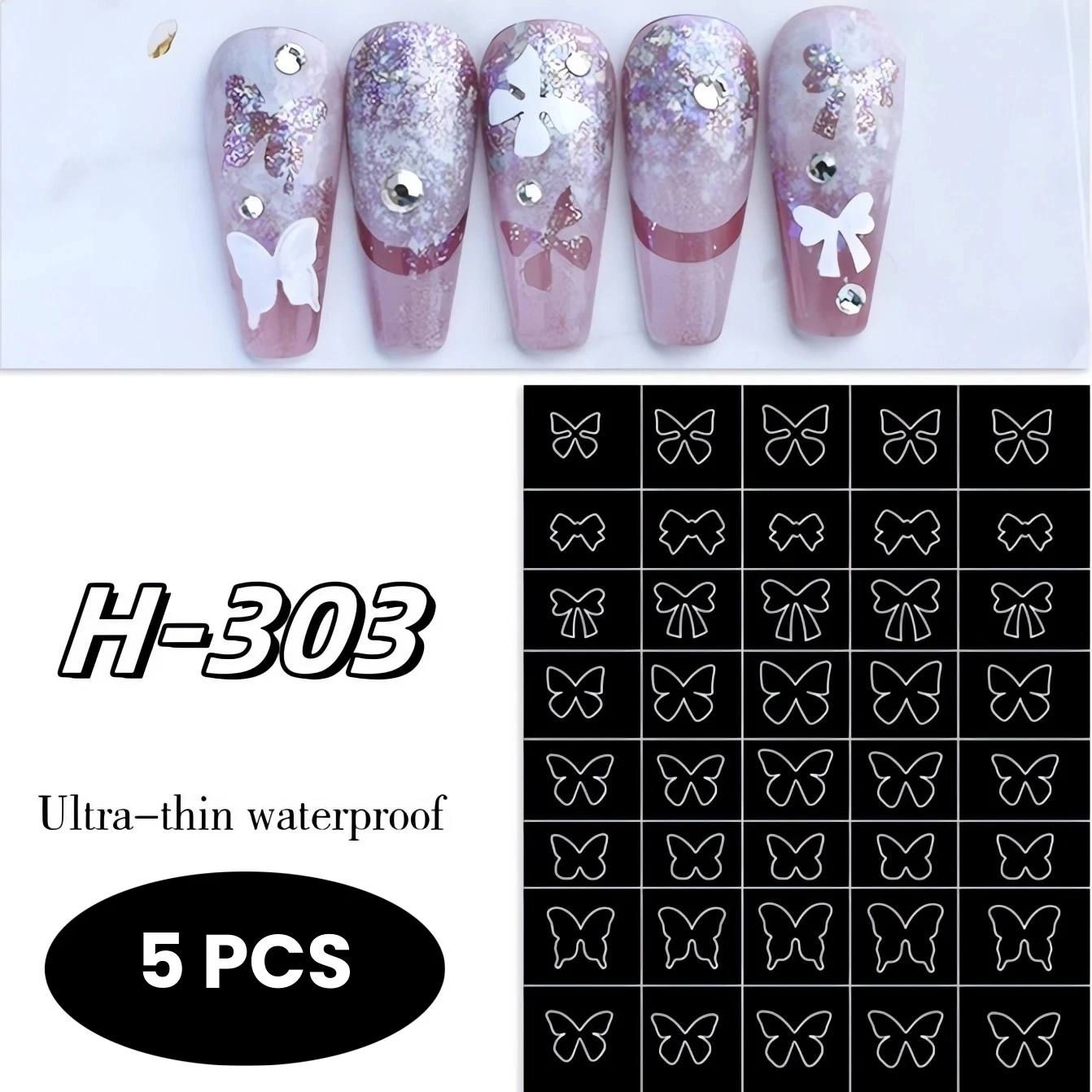 5 PCS Self-Adhesive Nail Design Templates - Hollow Butterfly, Heart & Stars Airbrush Stencils for French Manicures