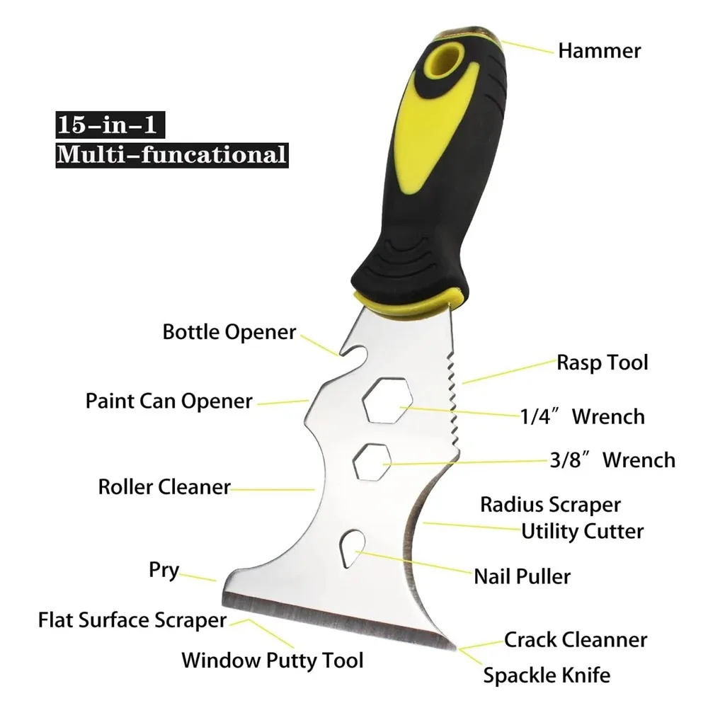 15-In-1 Multi Use Putty Knife Stainless Steel Paint Scraper Tool Wallpaper Can Opener Cleaning Paint Rollers Home DIY