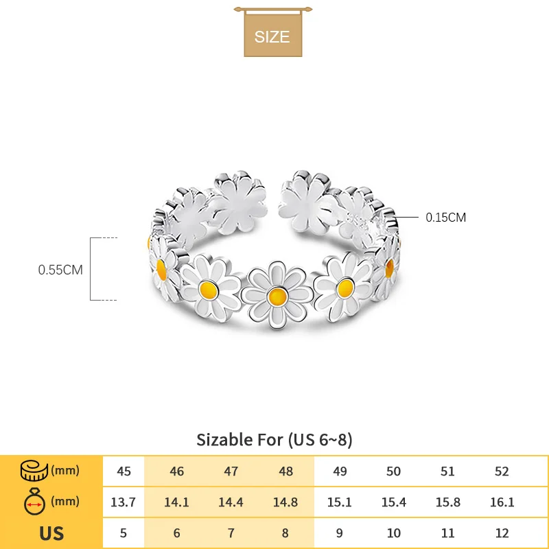 TrustDavis Genuine 925 Sterling Silver Fashion White Glaze Daisy Flower Opening Ring For Women Wedding Party Fine Jewelry DA2454