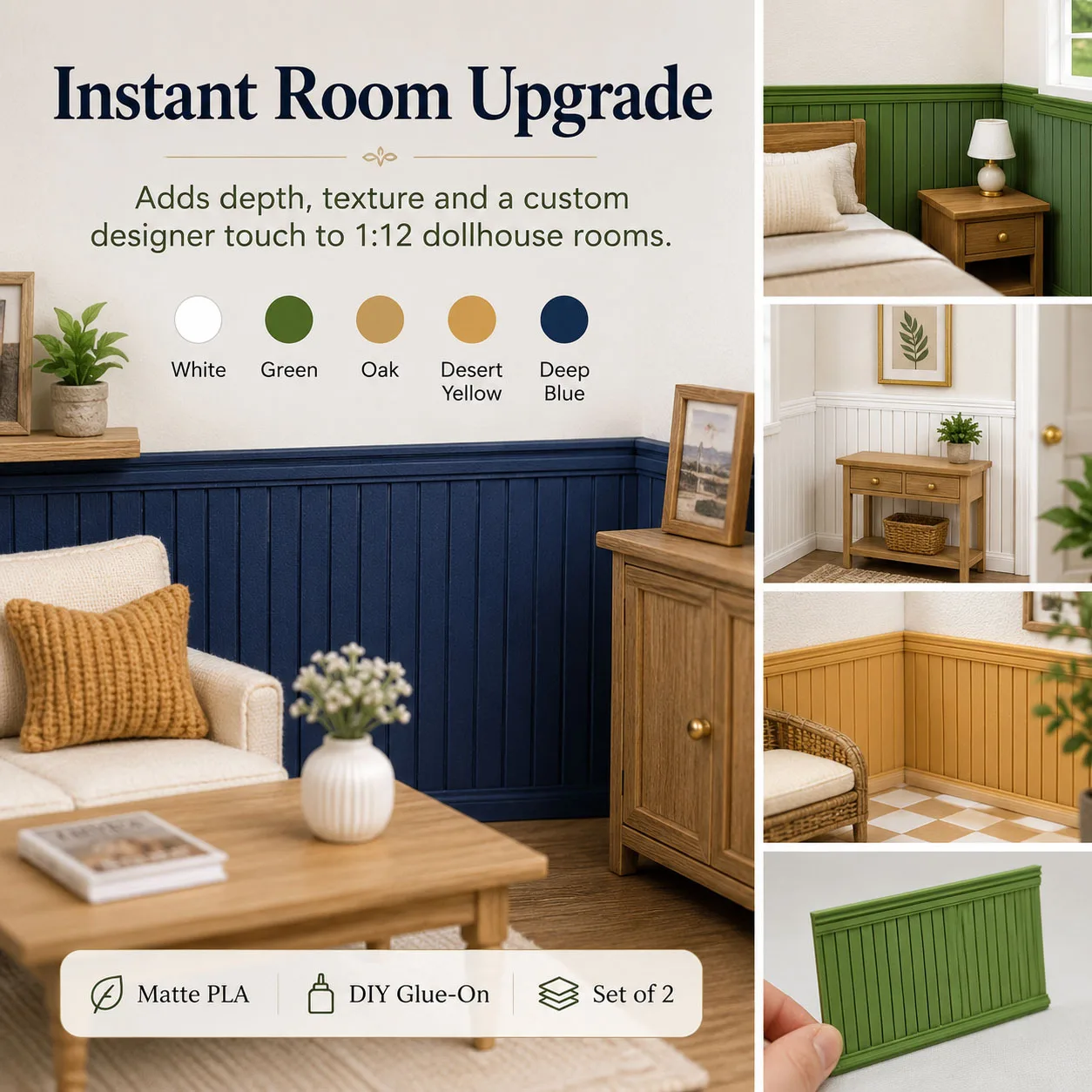 1:12 Dollhouse Wainscoting Panels Miniature Wall Decor, Matte PLA Glue-On Beadboard Trim, 5 Colors for DIY Dollhouse Rooms