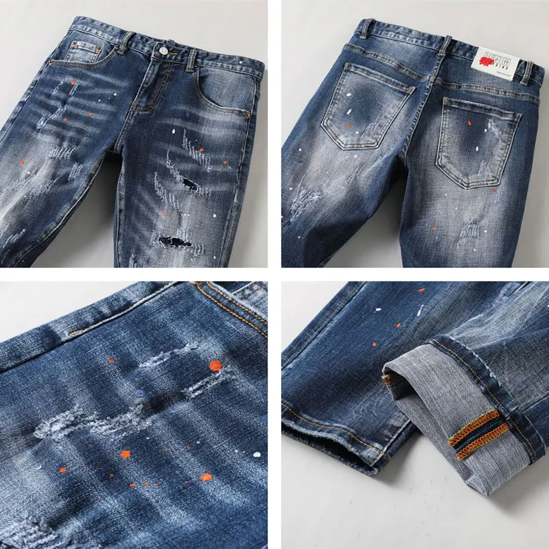 Fashion Streetwear Men Jeans Retro Blue Elastic Stretch Skinny Ripped Jeans Men Vintage Designer Trousers Painted Hip Hop Pants
