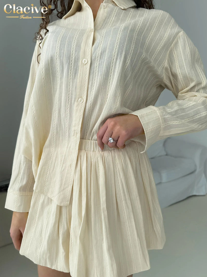 Clacive Fashion Loose Beige Cotton 2 Pieces Set For Woman 2025 Elegant Long Sleeve Shirt With High Waist Pleated Mini Skirt Set