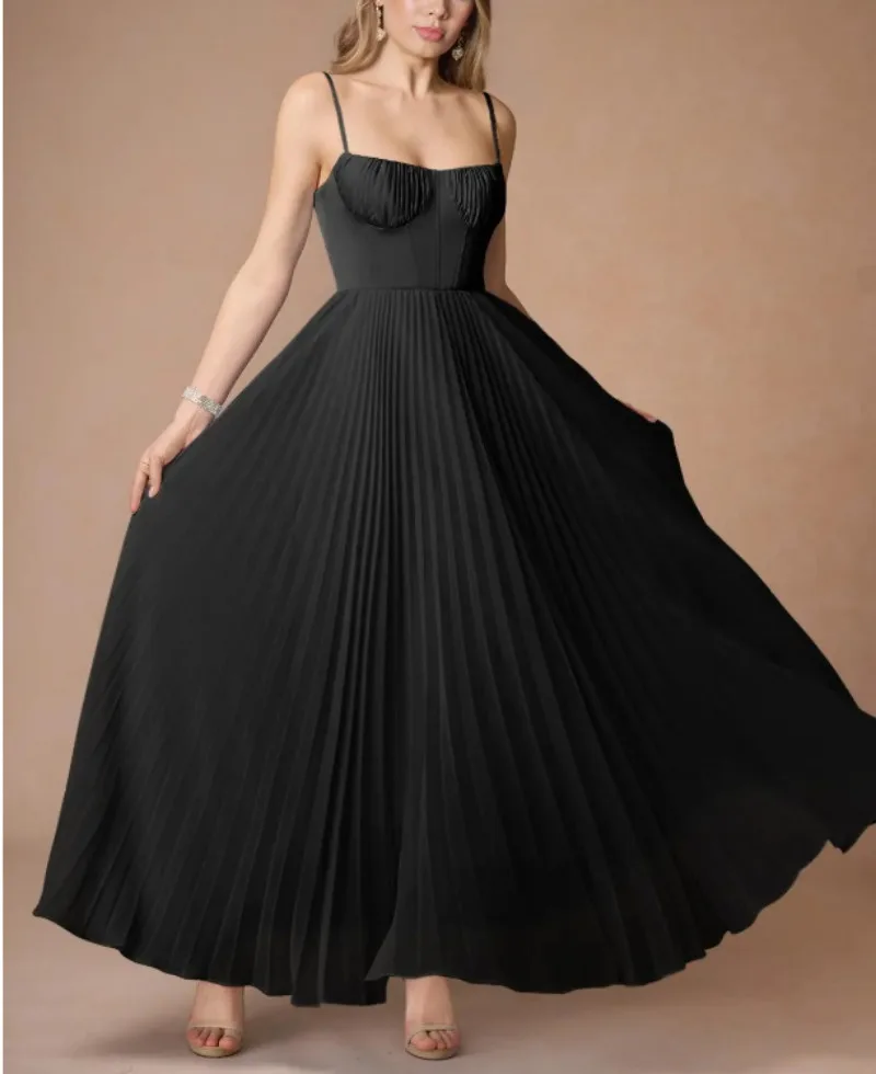 

Women Elegant Solid Maxi Dress Fashion Suspenders Pleated Sleeveless Slim-fit Dress 2026 New Summer Party Fashion Lady Vestidos