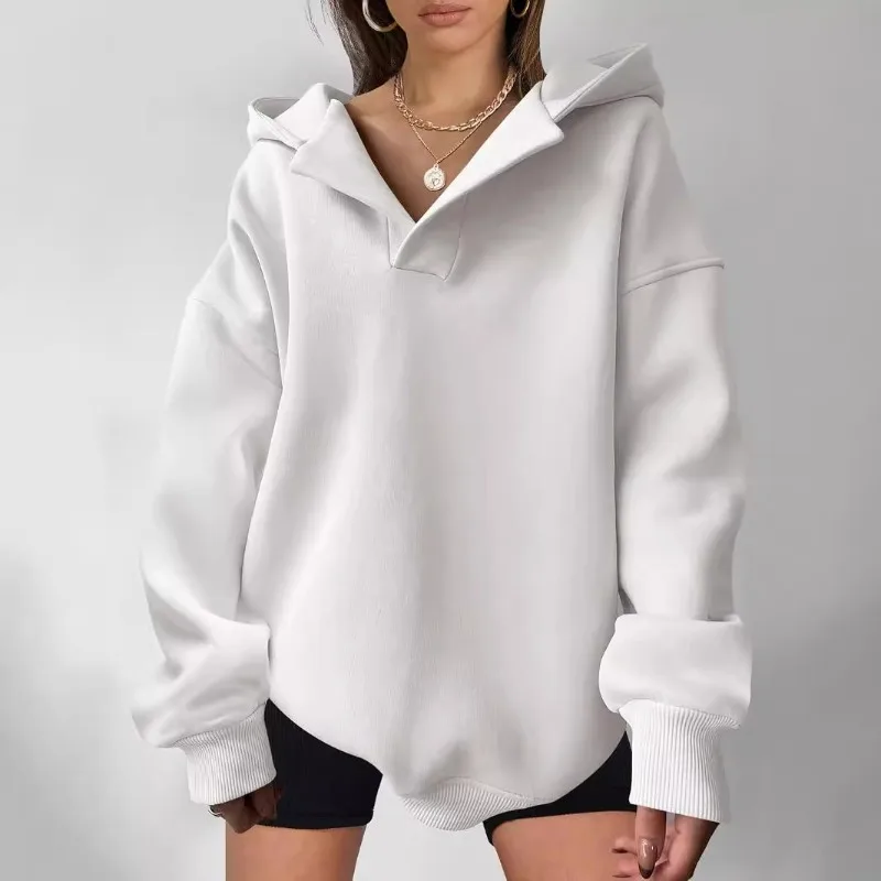 Autumn Winter Women's Pullovers Solid Color Long Sleeved Hooded Loose Casual  Hoodie Lady's Oversize Tops Sweatshirt 2025 New