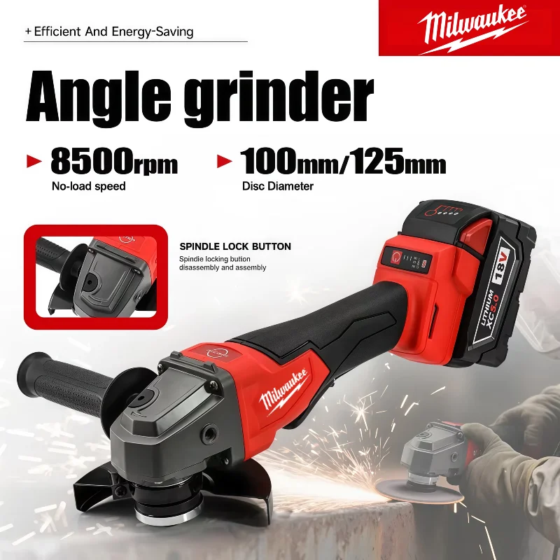 Milwaukee 125MM Cordless Angle Grinder Brushless Motor, Paddle Switch No-Lock High Power Cutting Machine for Metal Wood Working