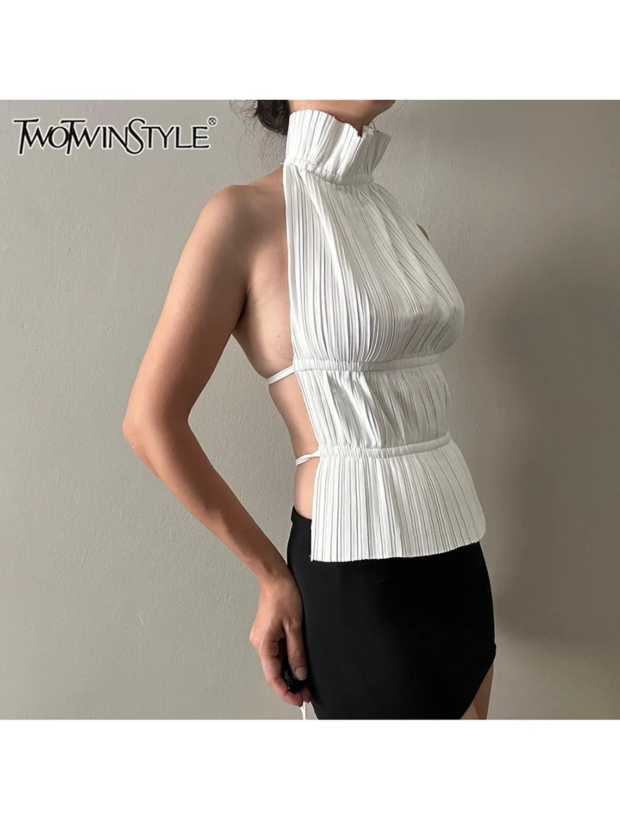 

TWOTWINSTYLE Solid Chic Slimming Vests For Women High Neck Sleeveless Temperament Backless Vest Female Fashion Style Clothes New