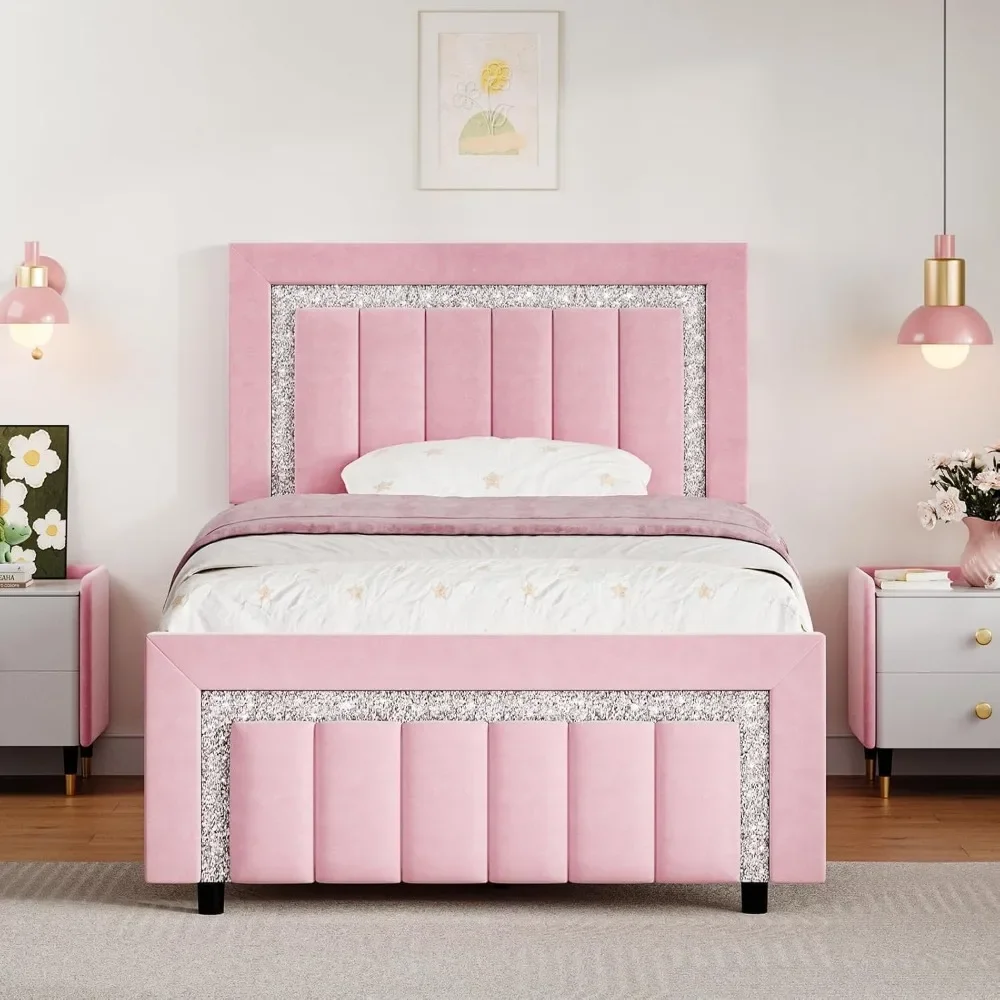 

Twin Bed Frame, Velvet Upholstered Vertical Channel Diamond Headboard, Adjustable Headboard, Wooden Slats Support, Bed Frame