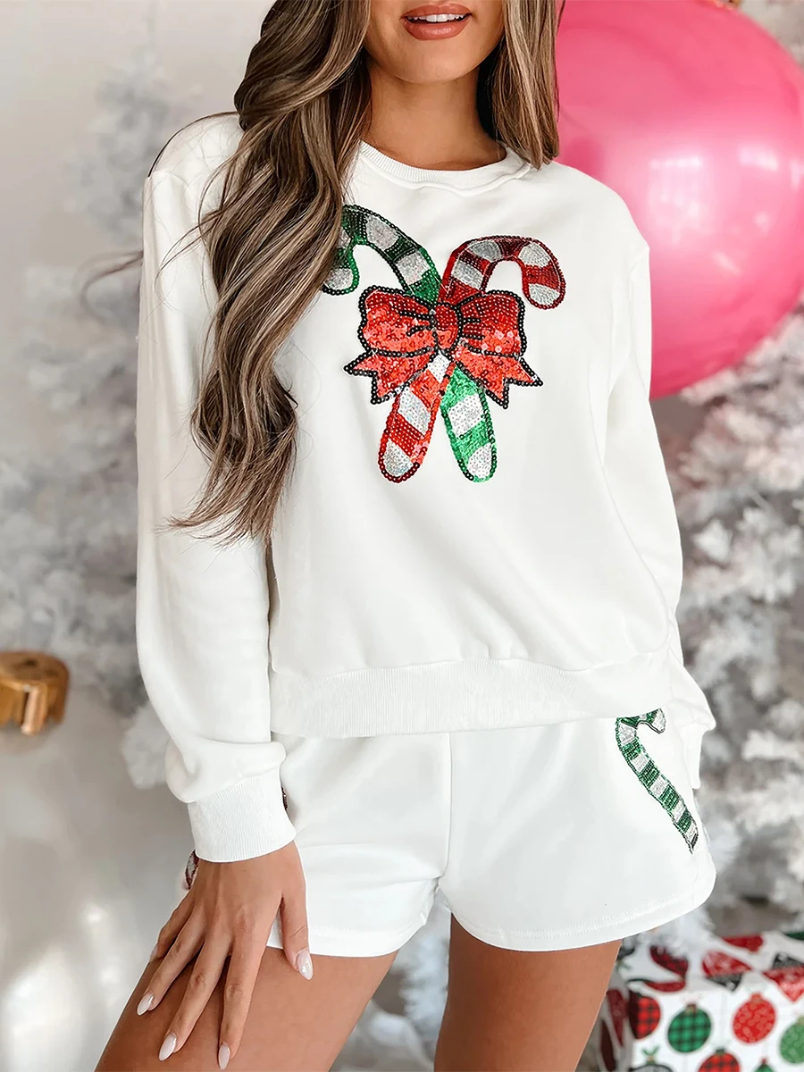 Women’s 2 Piece Christmas Outfits Long Sleeve Sequin Bow Pattern Sweatshirt Shorts Set Lounge Clothes