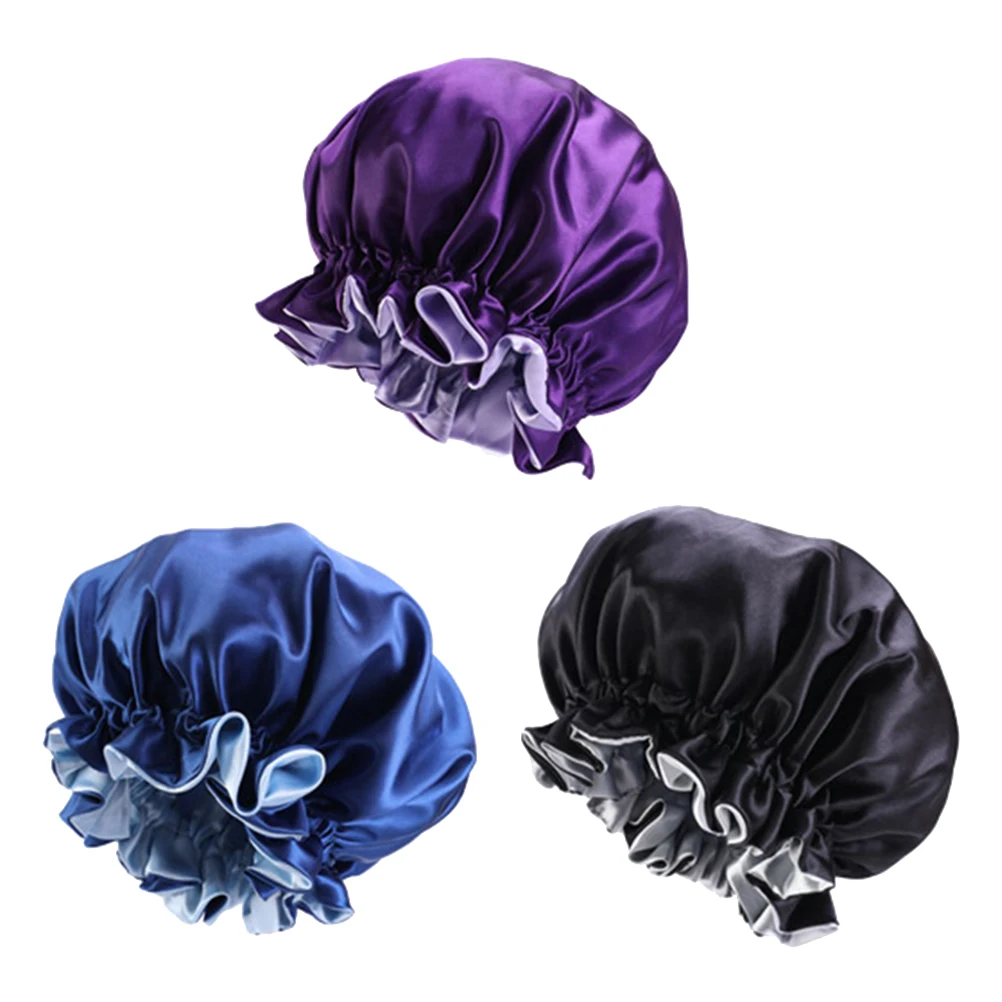 

3 pcs Satin Polyester Women Sleeping Cap Hair Protector Chemotherapy Wide Brimmed Shower Lace Bonnet No Hair Loss Long Lasting