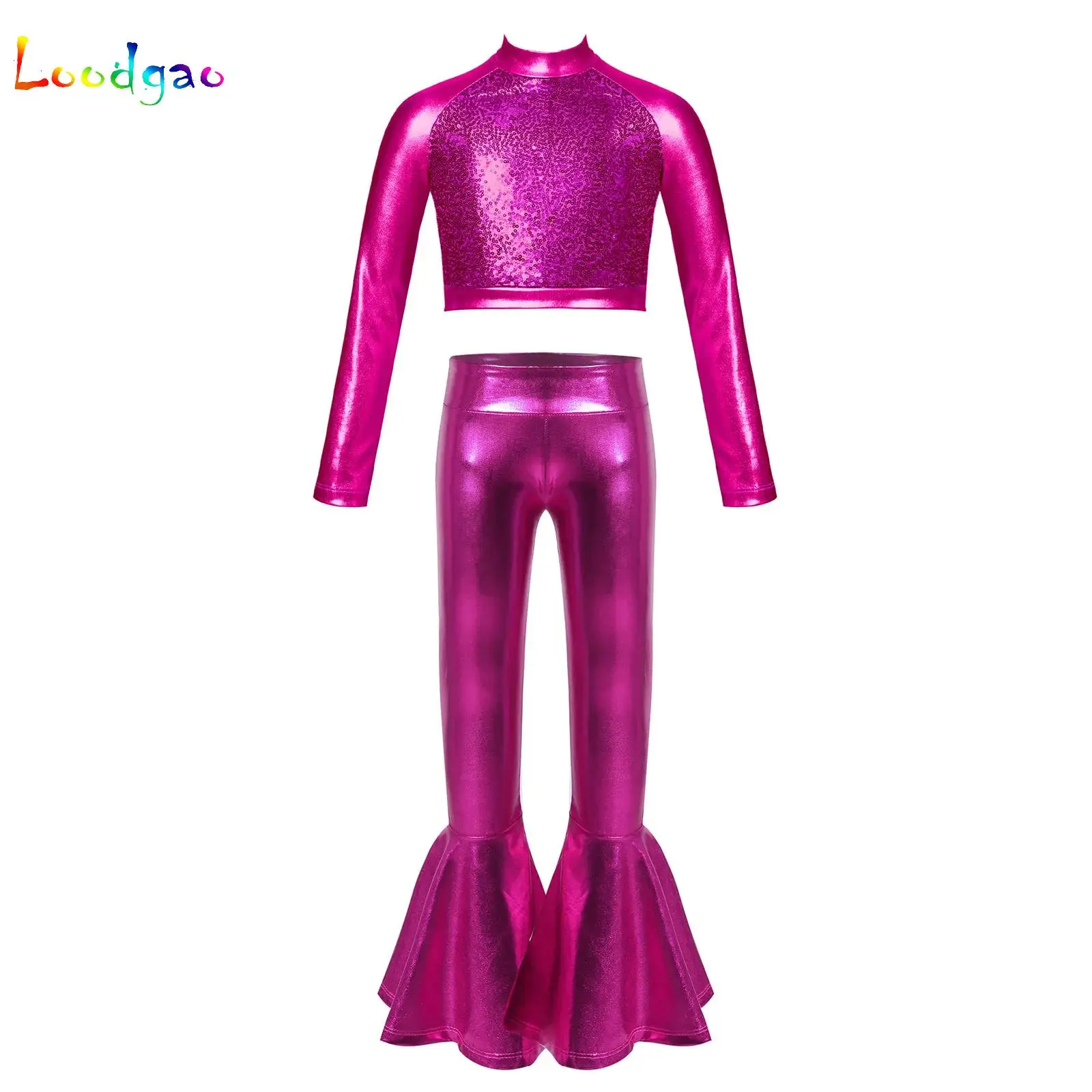 

Girls Sequin Jazz Street Dance Outfit Shiny Crop Top with Flare Pants Trousers School Basketball Cheerleading Stage Costumes